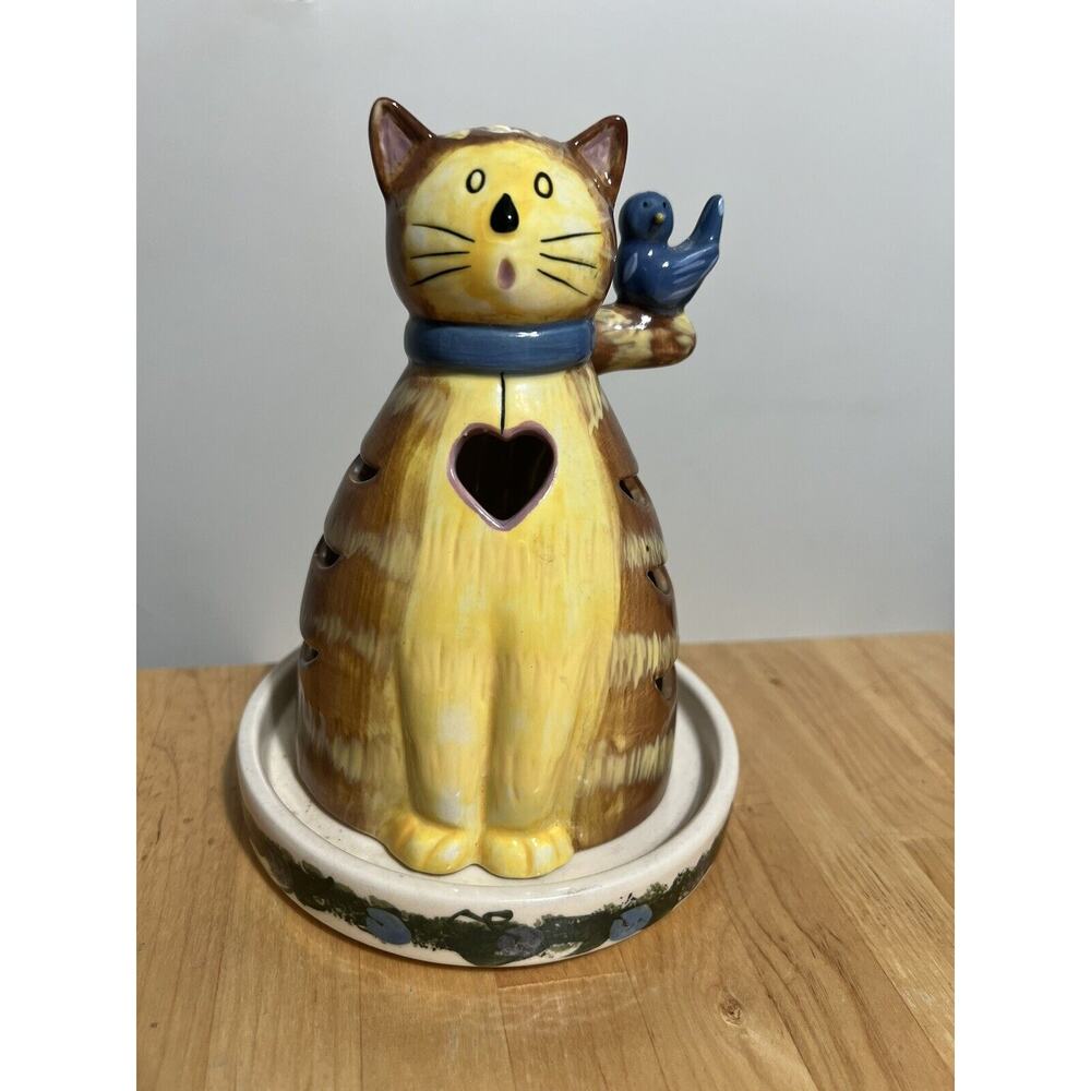 Garden Cat Votive Candle Holder Kathy Hatch Tabby Cat with Bluebird 2001 NWOB